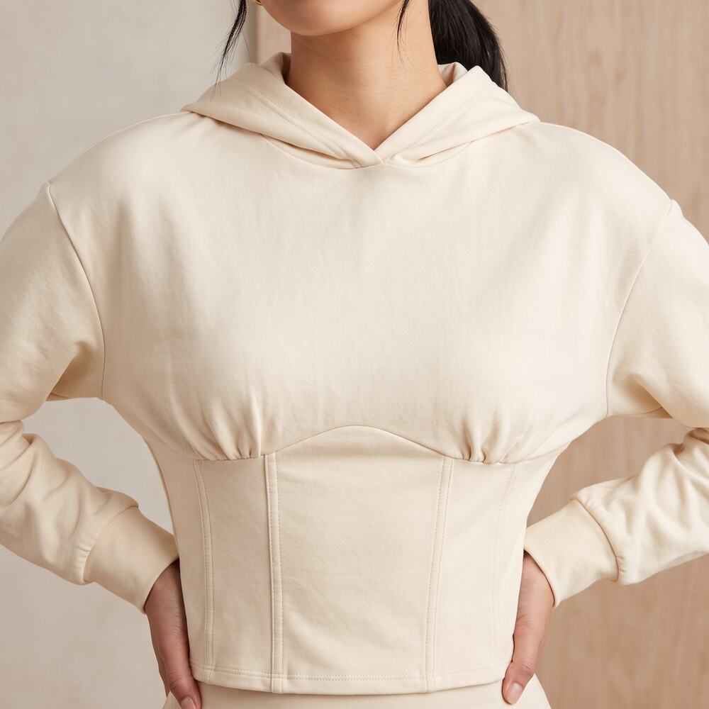 Express Women’s Corset Waist Hoodie Sweatshirt Cream Cropped Bodice M